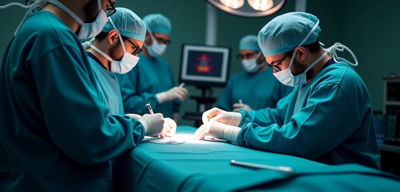 Nowoczesna sala operacyjna z zaawansowanym sprzętem medycznym w ciemnej tonacji, podkreślająca precyzję i profesjonalizm zabiegów.