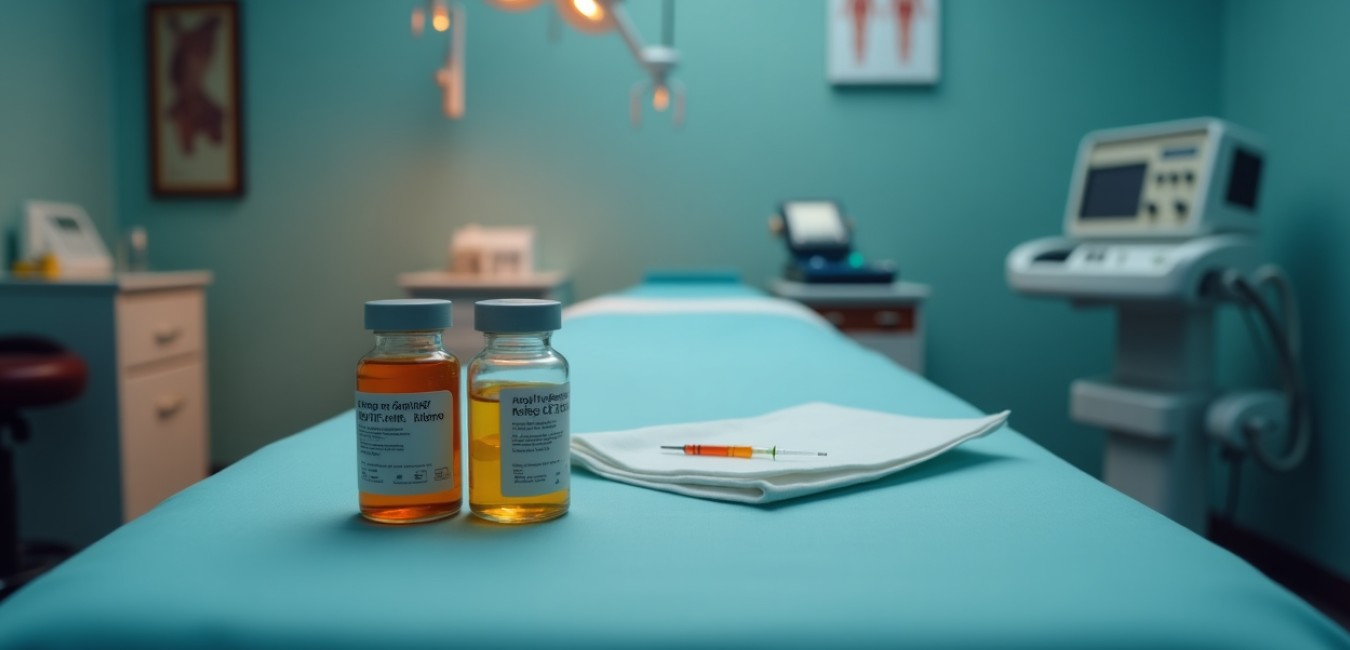 Vintage sala zabiegowa z historycznym sprzętem medycznym, sterylną tacą i fiolkami leków w ciepłym, nastrojowym oświetleniu.